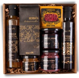 Zestaw kosz prezentowy syrop pomarańczowy karmelowy herbata konfitury