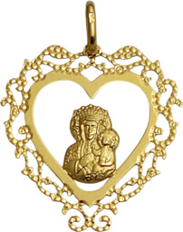 Złoty Medalik Serce z Matką Boską Częstochowską pr