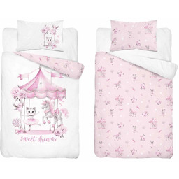 Pościel bawełniana dwustronna biało-różowa karuzela PPG-161