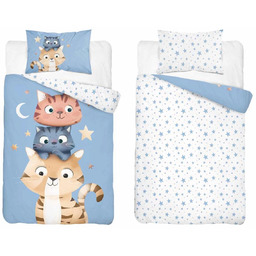 Pościel bawełniana dwustronna niebiesko-biała kotki PPG-162