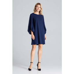 Granatowa Luźna Sukienka z Bufiastym Rękawem 3//4