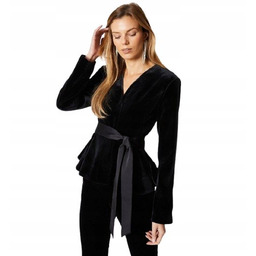 Coast Czarny Żakiet Welurowy z Wiązaniem na Talii