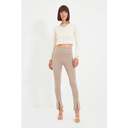 TRENDYOL BEŻOWE LEGGINSY Z ELASTANEM Z ROZCIĘCIAMI 34