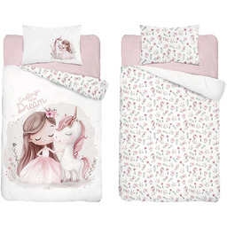 Pościel bawełniana dwustronna biała dziewczynka i jednorożec PPG-173