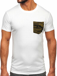 Biało-zielony t-shirt męski z kieszonką z nadrukiem moro