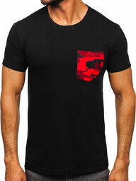 Czarno-czerwony t-shirt męski z kieszonką z nadrukiem moro