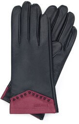 Damskie rękawiczki skórzane z koralikami czarno-różowe