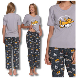 Piżama Damska z Kotkami Dwuczęściowa Nadruk Kota Wygodna