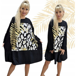 PIĘKNA SUKIENKA OVERSIZE PANTERKA luźna bawełna złoto dresowa