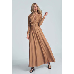 Długa Rozkloszowana Sukienka Kopertowa - Beżowa