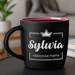 Kubek ceramiczny czarny środek różowy z grawerem