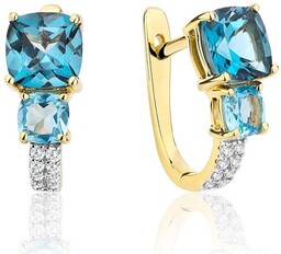 Złote Kolczyki Diamenty London Blue Topaz pr 585