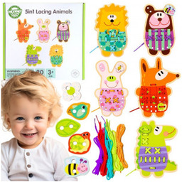 Drewniana Sznurowanka 5w1 Zwierzątka do Nawlekania Woopie Green