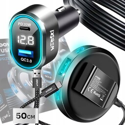 Ładowarka Samochodowa Z Przedłużaczem 98W 2xUSB 3xUSB-C LCD