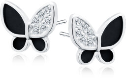 Delikatne rodowane srebrne kolczyki motyle motylki czarna emalia