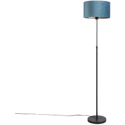 QAZQA Lampa stojąca czarna z niebieskim aksamitnym abażurem