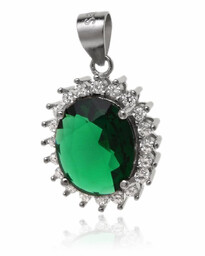 Rodowany srebrny owalny duży wisior wisiorek szmaragd cyrkonia