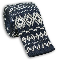 Dziergany Krawat Męski Knit w Białe Wzory, Romby