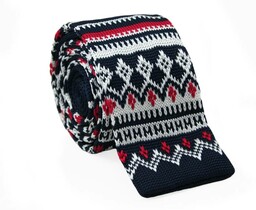 Świąteczny, Dziergany Krawat Męski Knit w Biało-Czerwone Wzory