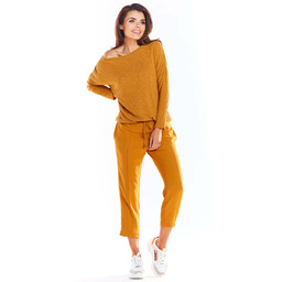 Kamelowy Dzianinowy Sweter w Łódkę o Kroju Oversize