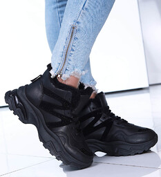 Czarne ocieplane trampki sneakersy na koturnie