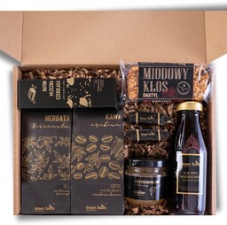 Zestaw prezentowy box słodycze miód herbata i kawa