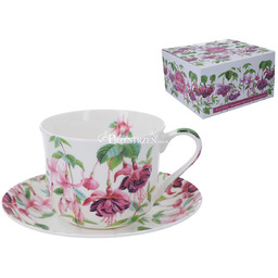 DUŻA FILIŻANKA PORCELANOWA ze SPODKIEM Kwiaty Fuchsia