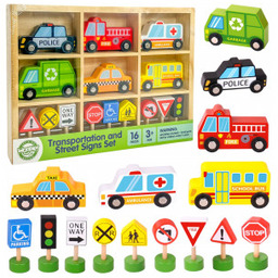 Zestaw Drewnianych Pojazdów Znaków Drogowych 15 el. Woopie
