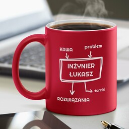Kubek ceramiczny czerwony z białym środkiem z grawerem