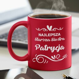 Kubek ceramiczny czerwony z białym środkiem z grawerem