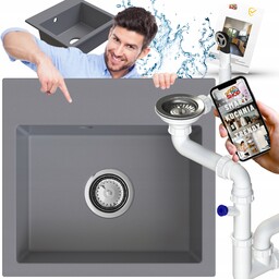 Zlewozmywak Granitowy Jednokomorowy 1-KOM Bez Ociekacza Szary Syfon