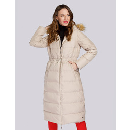 Damski płaszcz pikowany ze ściągaczem w talii beżowy