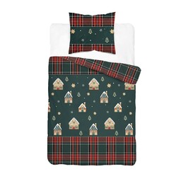 Detexpol Pościel flanelowa świąteczna 140x200 ciemnozielona w domki,