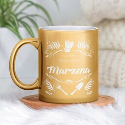 Kubek ceramiczny złoty z grawerem dla ogrodniczki