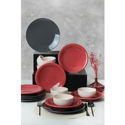 Elegancki 18-częściowy ceramiczny zestaw obiadowy, czarny/czerwony/biały, w 100%