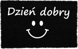 Czarna wycieraczka z napisem Dzień dobry