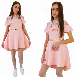 Wizytowa Łososiowa Galowa Sukienka Z Paskiem 164