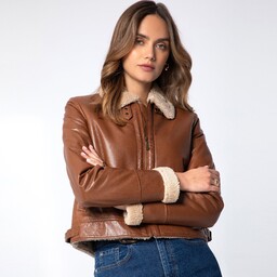 Damska kurtka pilotka skórzana podszyta sztucznym futerkiem krótka