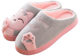 Kapcie Damskie Welcome Home z kotem Szare 40/41