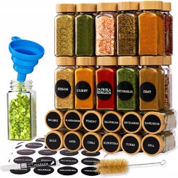 24x Pojemniki Na Przyprawy Szklane Etykiety Bambusowe Solniczka