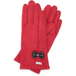 Damskie rękawiczki z ozdobnym obszyciem i kokardą czerwone