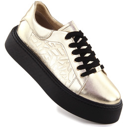 Skórzane półbuty sportowe damskie na platformie złote Filippo