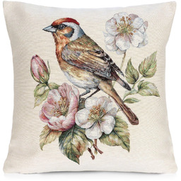 Poszewka gobelinowa beżowa ptak i kwiaty JA211-01