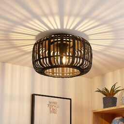 Lampa sufitowa Lindby Canyana, czarna, rattan, Ø 40