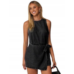 SHEIN CZARNY DENIMOWY KOMBINEZON MINI BEZ RĘKAWÓW