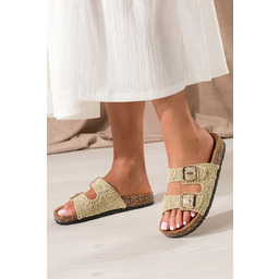 Złote Klapki Damskie Plecione Na Profilowanej Korkowej Podeszwie