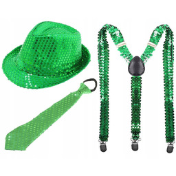 ZESTAW KAPELUSZ CEKINOWY ZIELONY ŚWIECĄCY LED SZELK KRAWAT