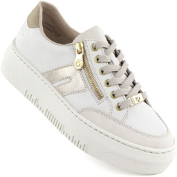 Skórzane półbuty damskie sneakersy na platformie beżowe Rieker