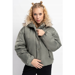 Kurtka dziewczęca ocieplana z kapturem z futrzanym kołnierzem,