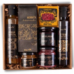 ZESTAW KOSZ PREZENTOWY syrop pomarańczowy karmelowy herbata konfitury